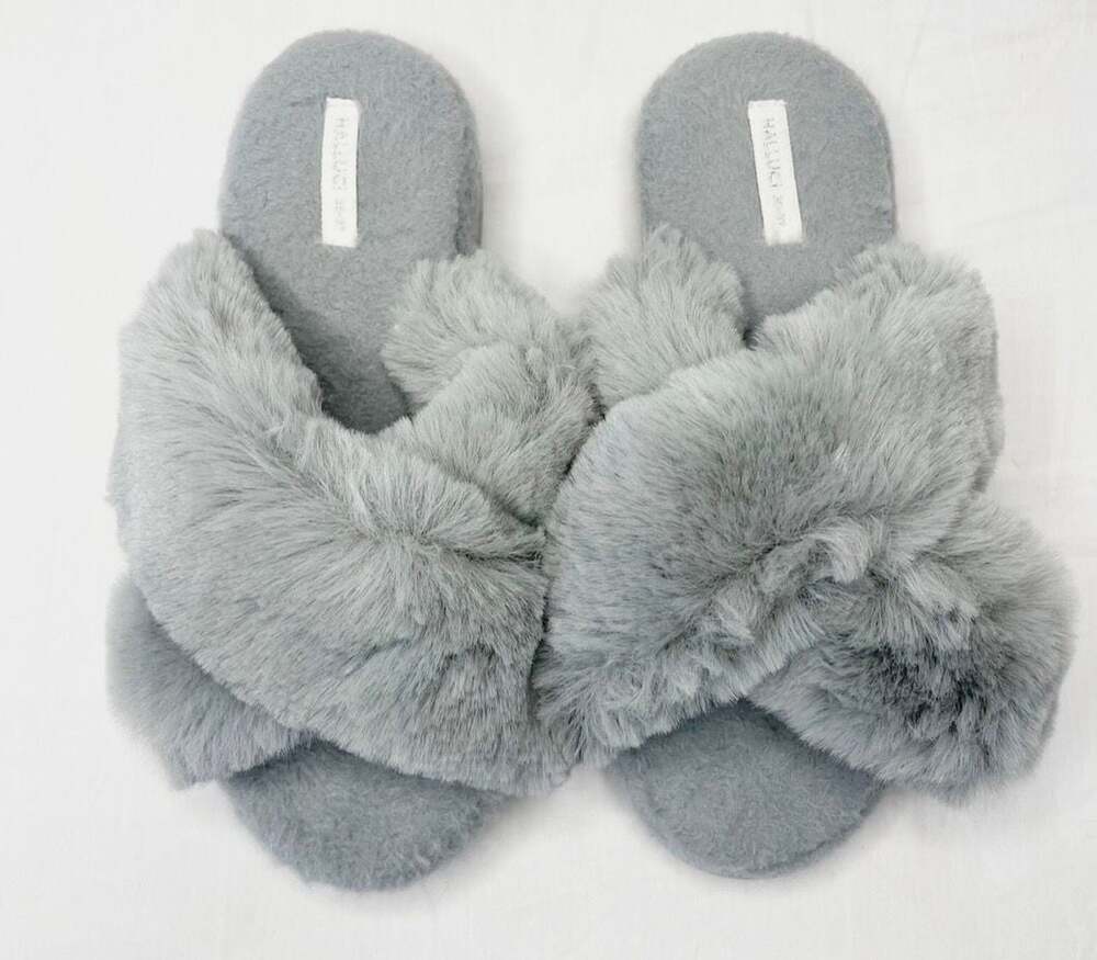 Halluci Women's Faux Fur Cross Band Slippers Gray Size 38-39